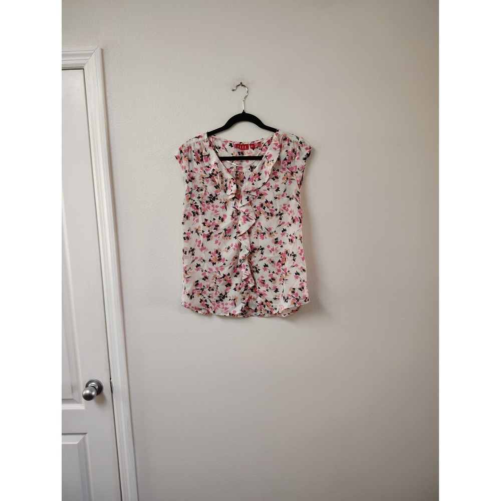 Elle Womens Pink Orange Floral Ruffle‎ V-Neck Sleeveless Blouse Top Small